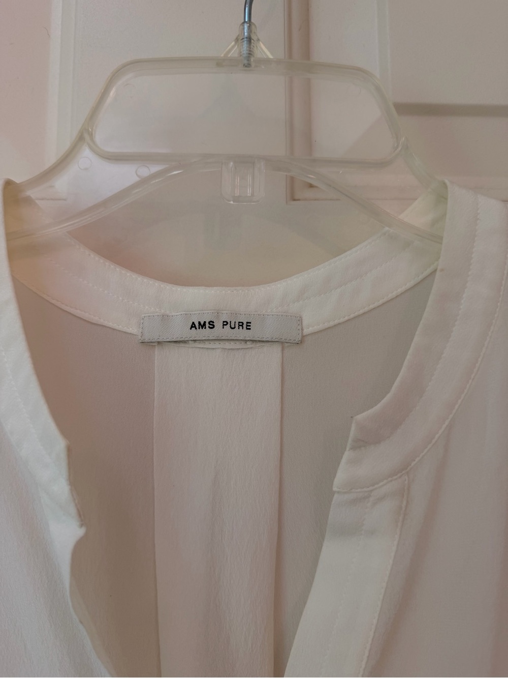 White Silk Sleeveless V-Neck Blouse, Center Gold Metallic Trim by AMS Pure, Sz S - Picture 3 of 14
